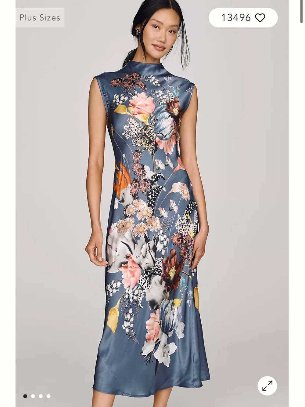 Anthropologie Maeve Charlette Mock-Neck Midi Slip Dress Medium Blue Floral Satin